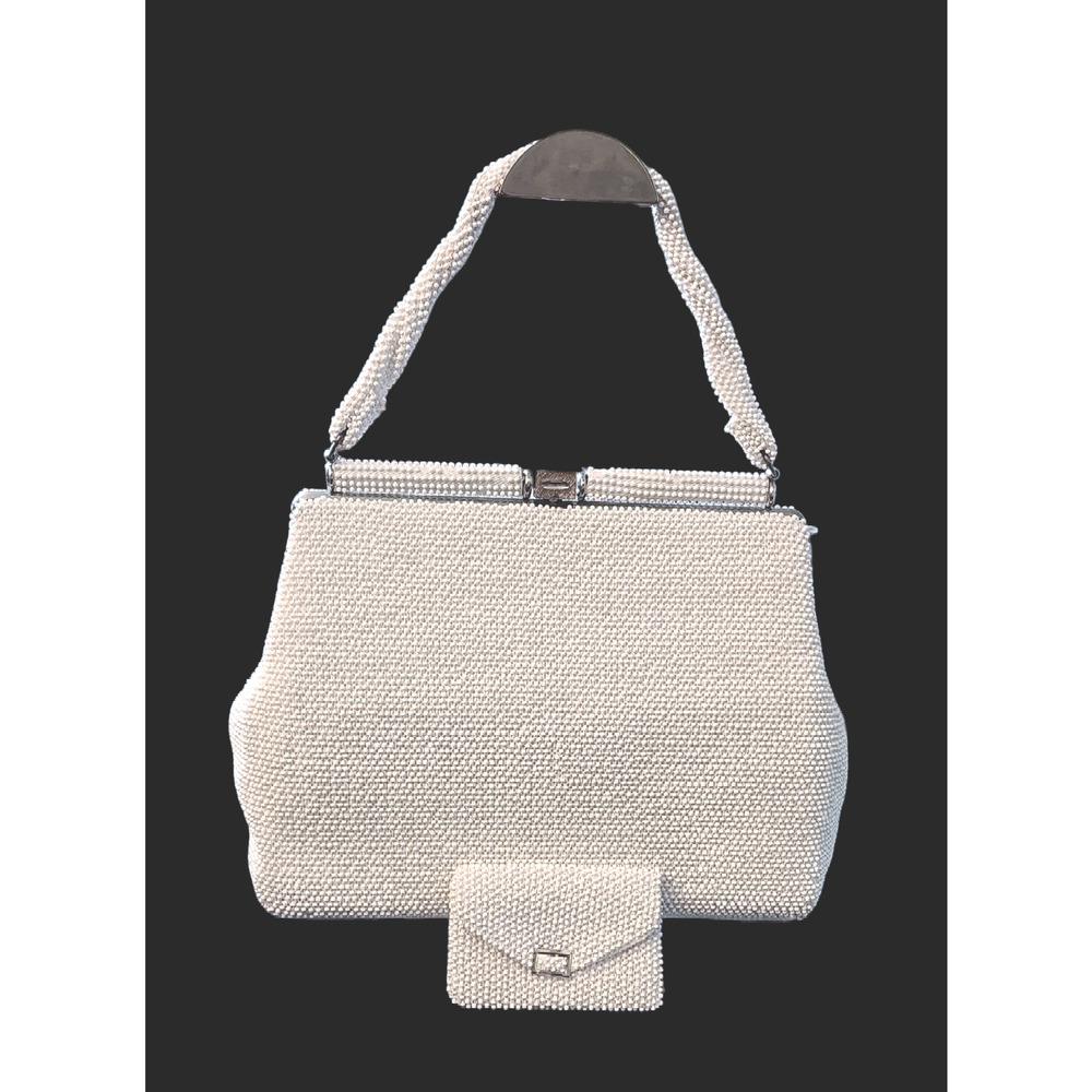 Vintage 1950s Lemured Petite Beaded Handbag & coin purse ivory brass hardware
